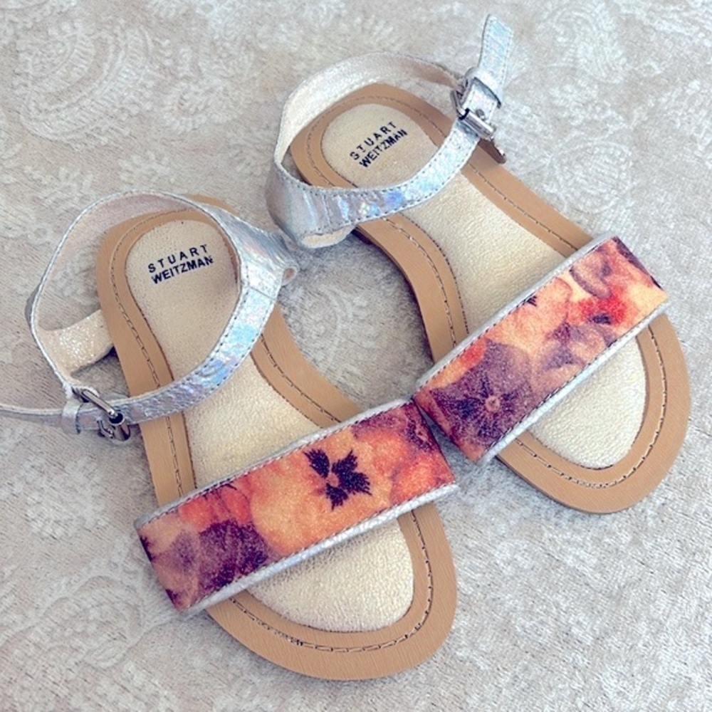 Brand New Stuart Weitzman Floral Metallic Iridescent Ankle Strap Sandals Heart